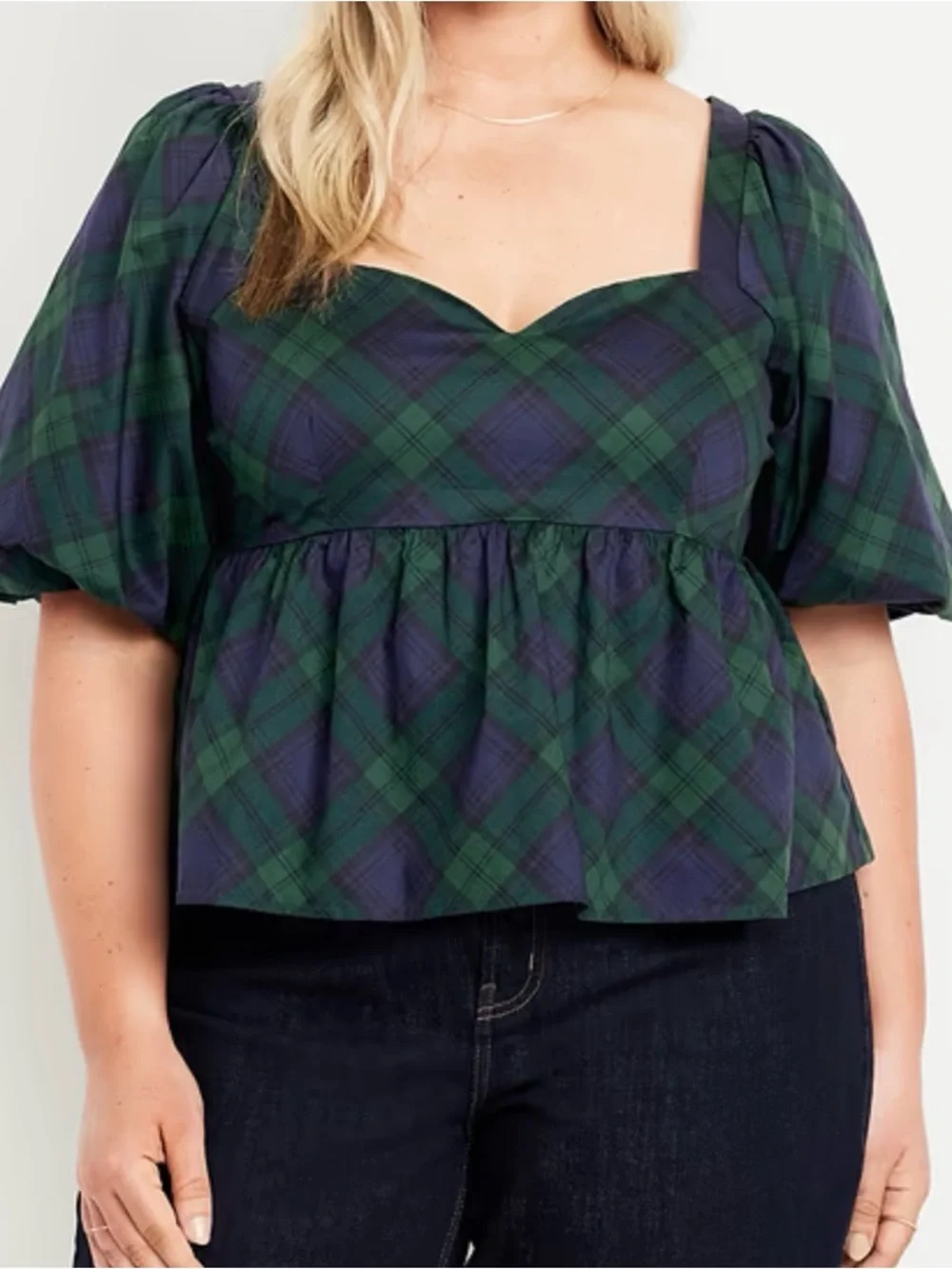 Old Navy Puff-Sleeve Plaid Poplin Peplum Top